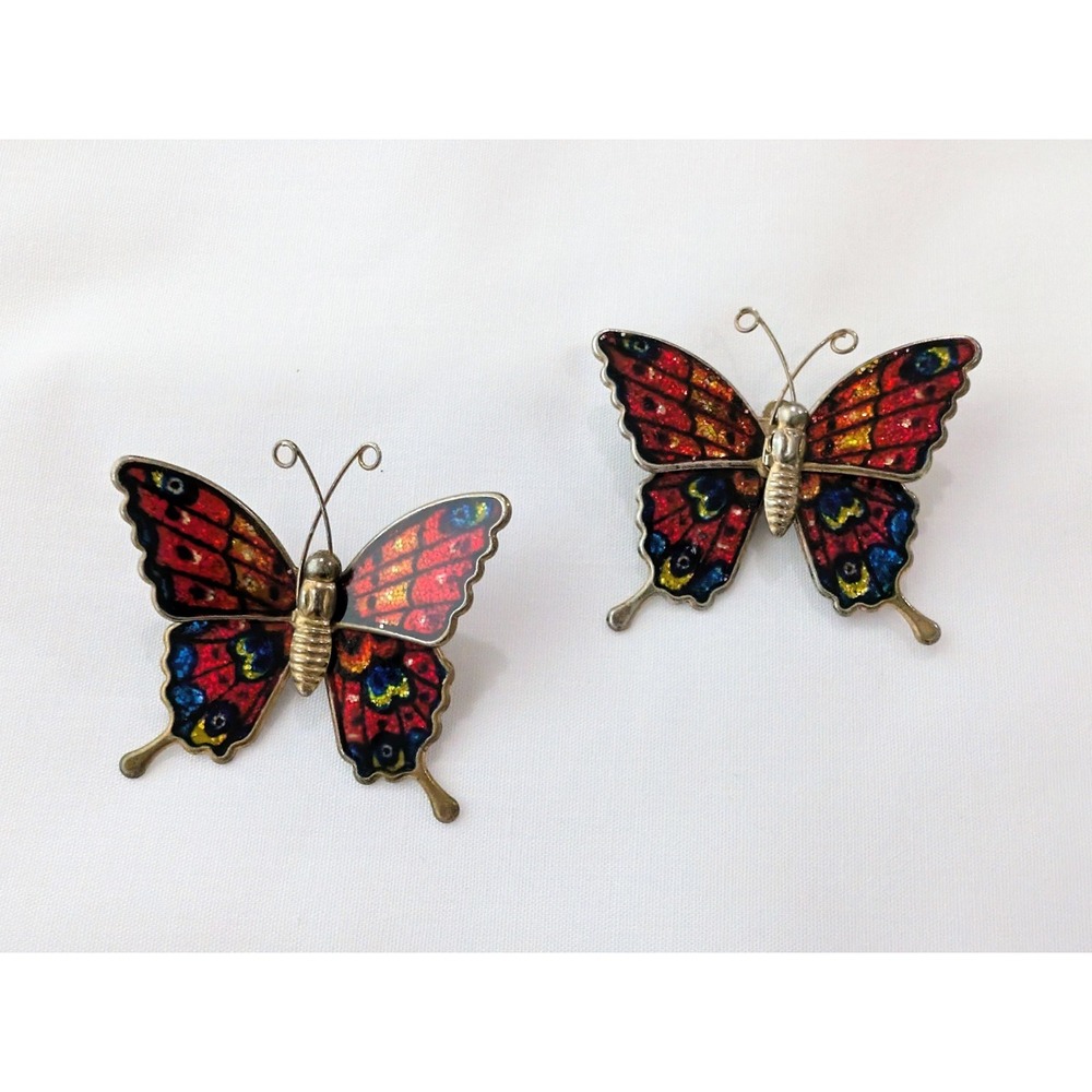 Vintage Enamel Tin Butterfly Colorful Brooch Pin Set Of 2 LT89